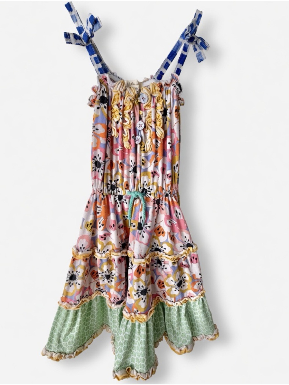 Matilda Jane Size 2 Floral Ruffle Sundress Tie Straps Green Hem Girls 2T